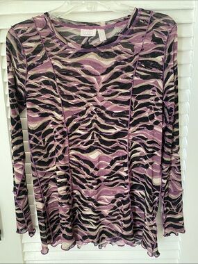 LOGO by Lori Goldstein Purple Black Taupe Zebra Print Long Sleeve MeshTee
